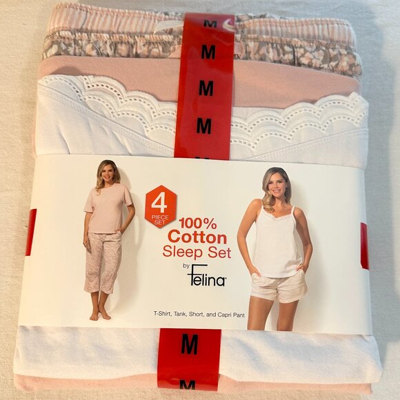 Felina Women's 4 Piece 100% Cotton Sleep Pajama Set, Tee Tank Short Capri Pant - Picture 1 of 9